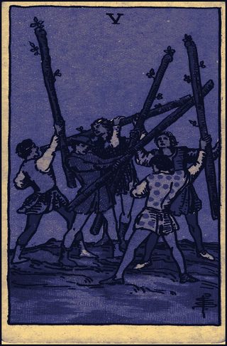 Пятёрка Жезлов — карта колоды Райдера — Уэйта